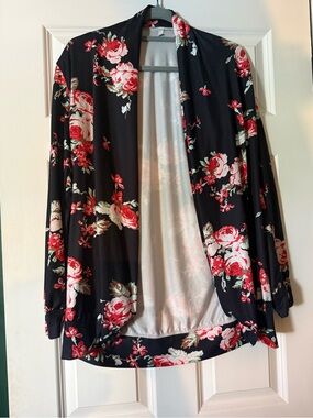 Black Floral Open-Front Women's Cardigan Sweater